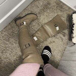 JustFab Beige Moto Boots with Buckle Accents